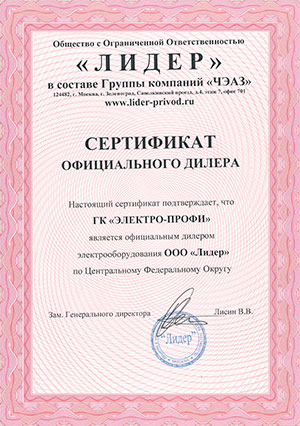 Сертификат официального партнера компании Лидер